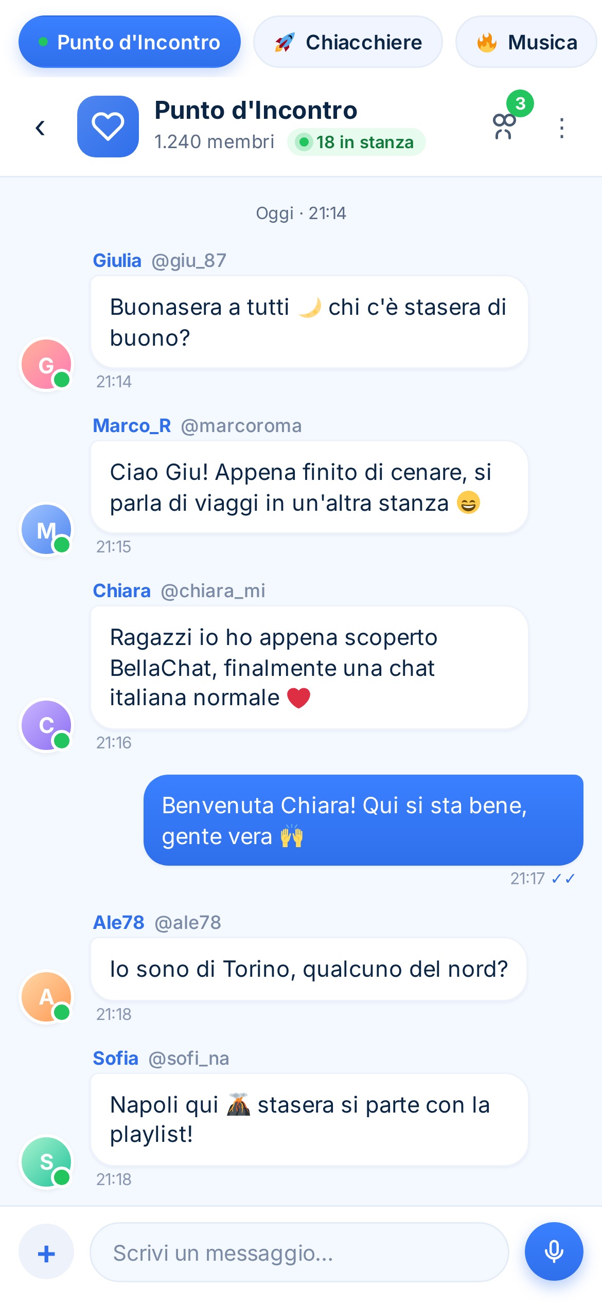 Anteprima di una chat pubblica su BellaChat